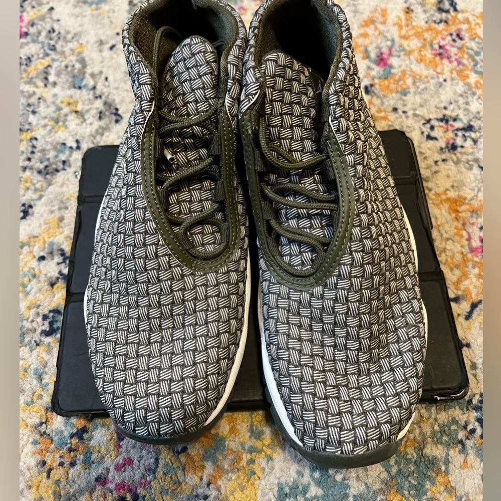 Air Jordans | Future olive green/white woven mids sneakers | WMS 8.5 kids 7Y